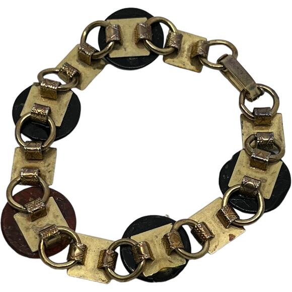 1950s Modernist Stone & Textured Metal Link Bracelet - Black Onyx & Carnelian - Picture 3 of 6